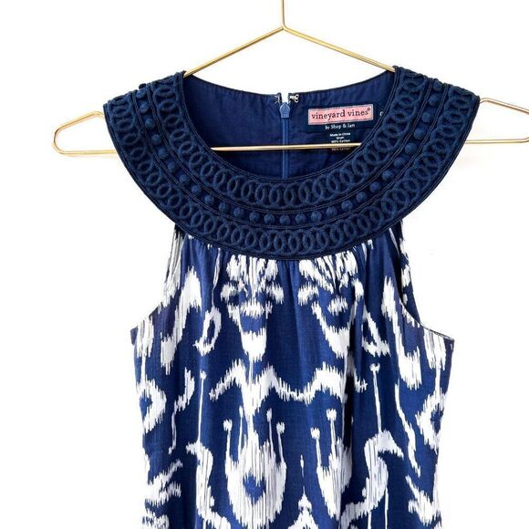 Vineyard Vines Blue White Ikat Print Embroidered Collar 100% Cotton Dress Size 0 - Picture 2 of 7